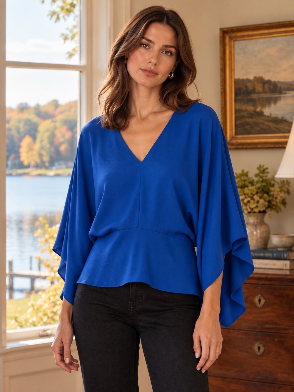 Anna Cate Cheyenne Flutter Sleeve Blouse Cobalt Blue V Neck Medium